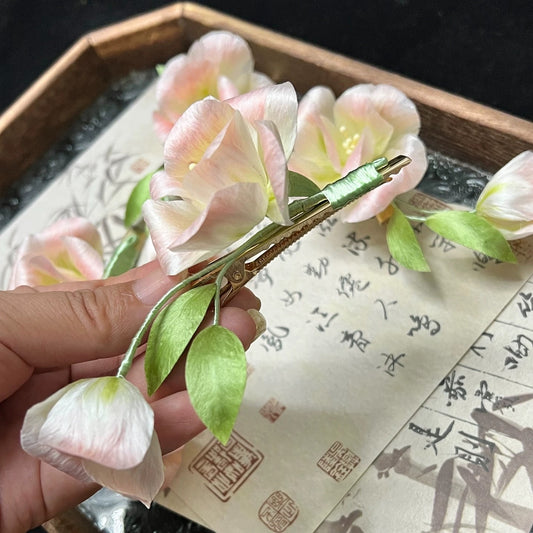 Handmade Ronghua Pink Begonia Hair Clip | Mulberry Silk Velvet Flower Alligator Clip