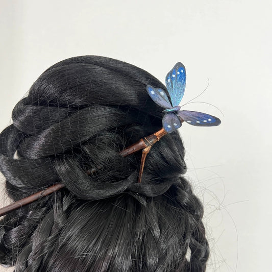 Handmade Ronghua Blue Fluttering Butterfly Hairpin | Mulberry Silk Velvet Butterfly Headwear