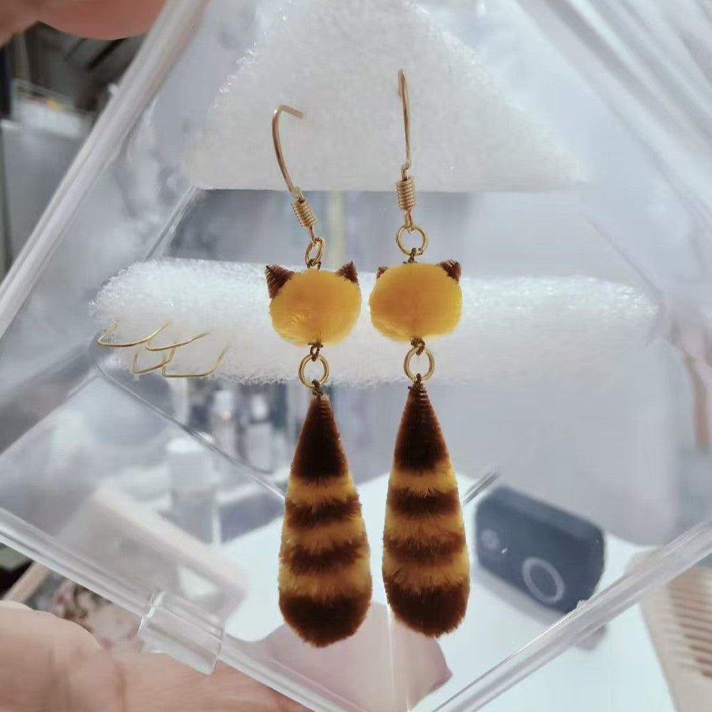 Handmade Ronghua Raccoon Dangle Animals Earrings | Mulberry Silk Velvet Little Raccoon Drop Earrings for Daily & Special Occasions