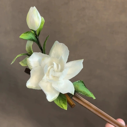 Handmade Ronghua Gardenia Hairpin | Mulberry Silk Velvet Cape Flower Headwear