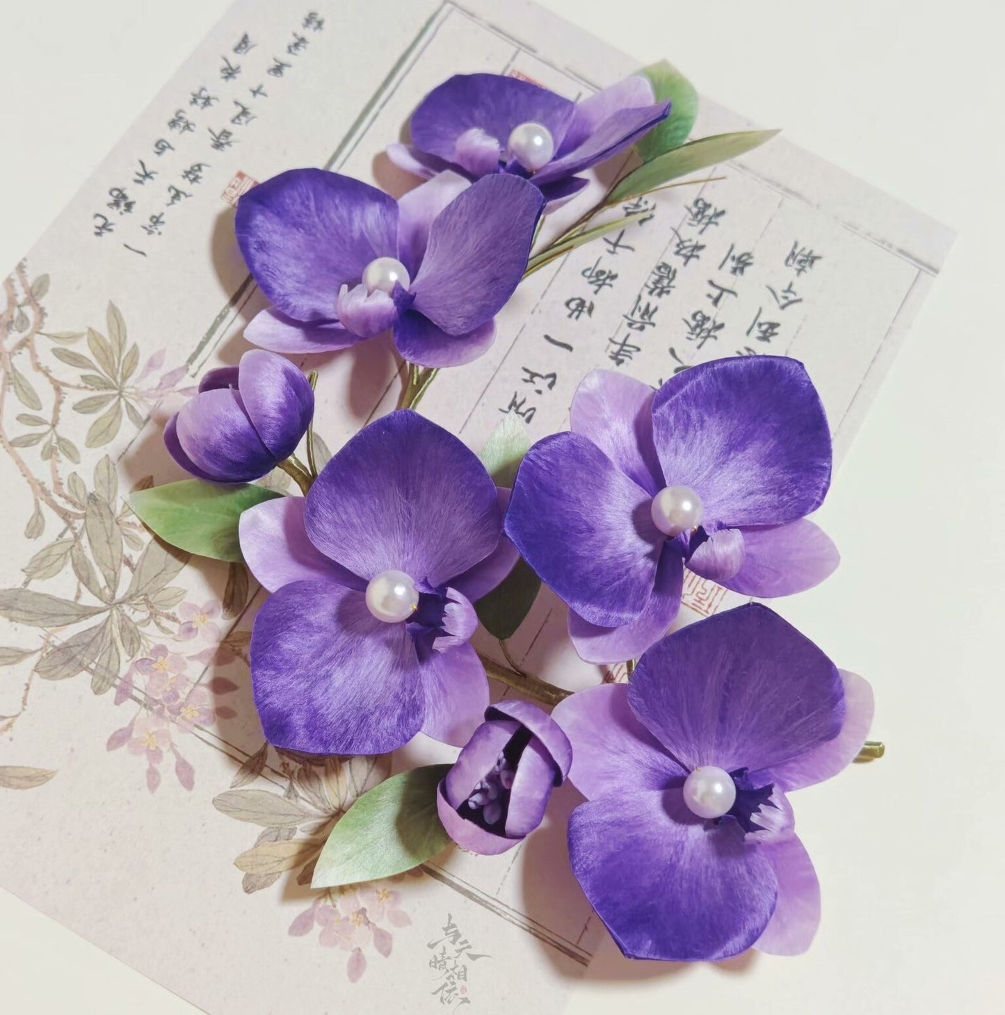 Handmade Ronghua Purple Phalaenopsis Orchid Hairpin Set | Large & Small Mulberry Silk Velvet Orchid Headwear