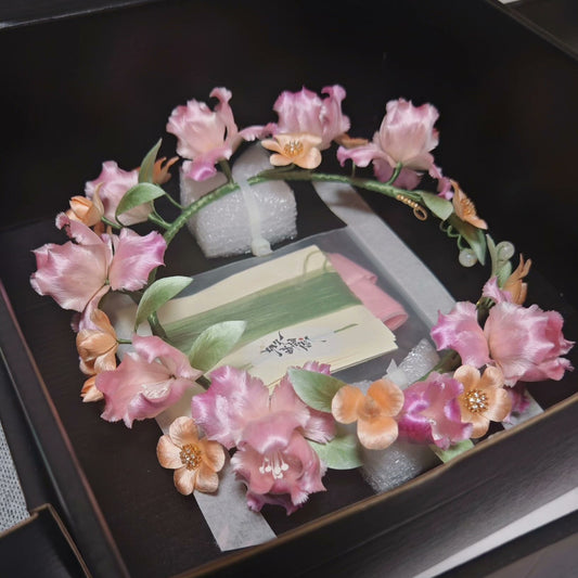 Handmade Ronghua Pink Iris Flower Crown | Mulberry Silk Velvet Floral Headband for Hanfu & Wedding