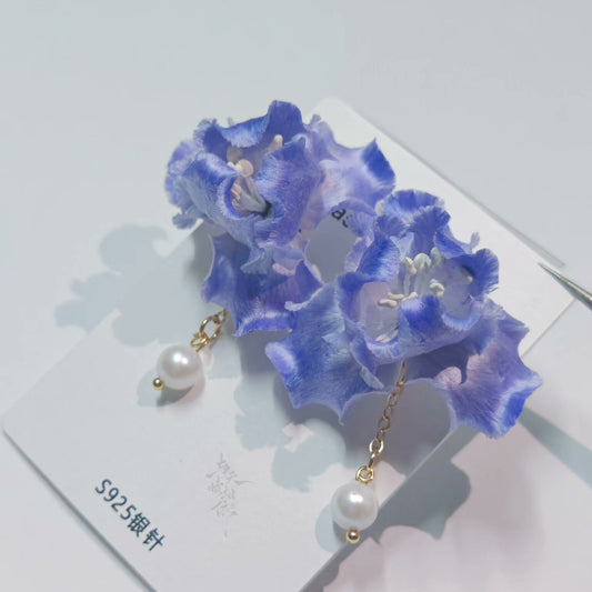 Handmade Ronghua Blue Iris Stud Earrings | Mulberry Silk Velvet Iris Flower Drop Earrings