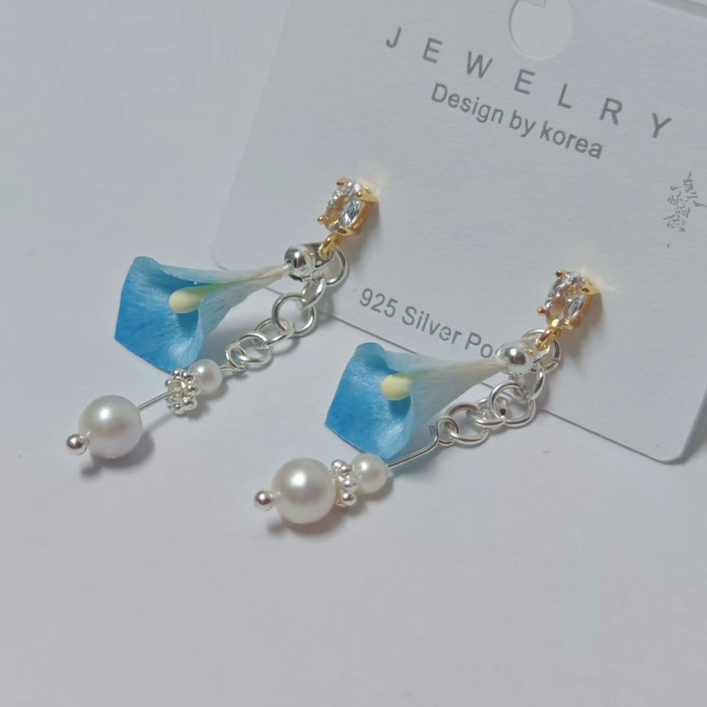 Handmade Ronghua Blue Calla Lily Drop Earrings | Mulberry Silk Velvet Flower & Freshwater Pearl Earrings