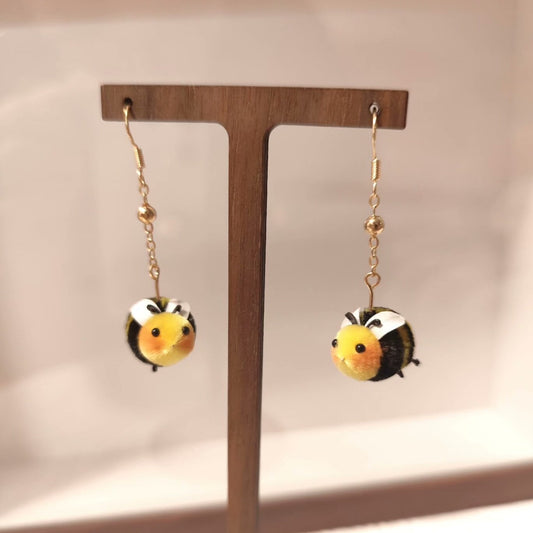 Handmade Ronghua Little Bee Drop Earrings | Mulberry Silk Velvet Bumblebee Earrings