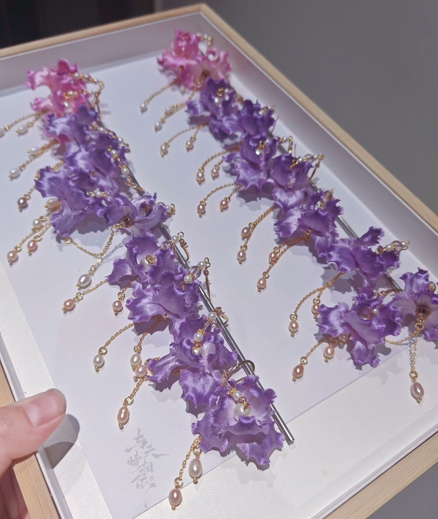 Handmade Ronghua Pink Iris Long Drop Earrings | Mulberry Silk Velvet Iris Flower & Pearl Chain Earrings