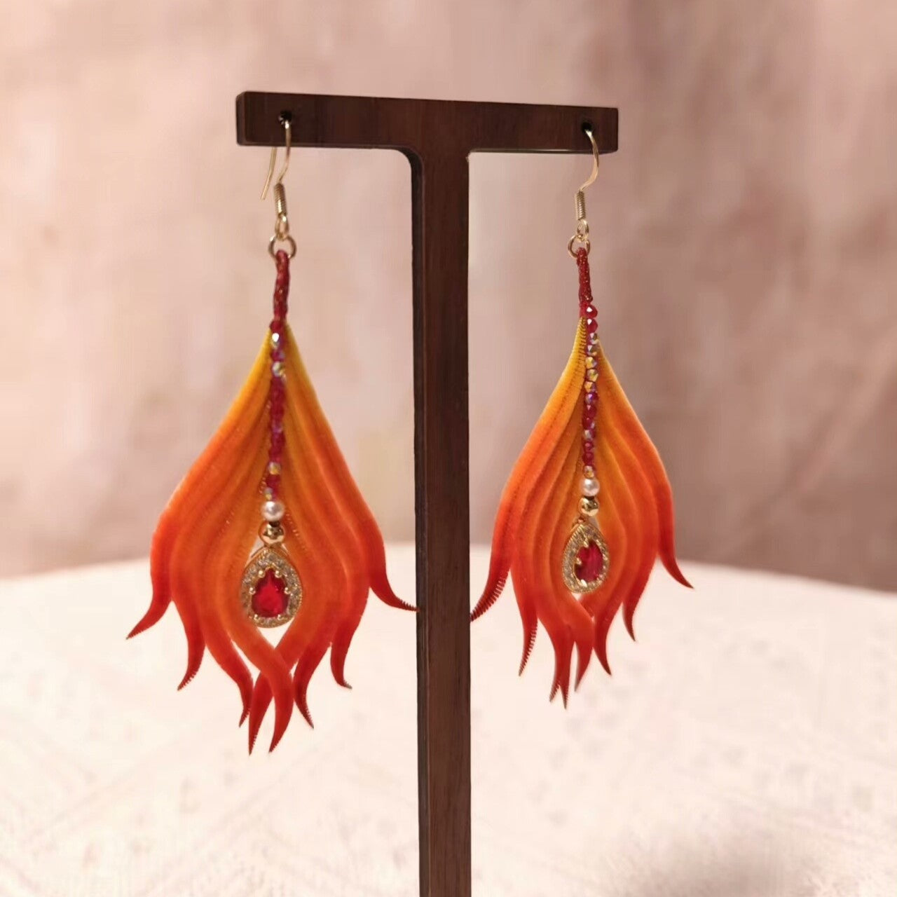 Handmade Ronghua Phoenix Tail Feather Earrings | Red-Orange Mulberry Silk Velvet Long Drop Earrings