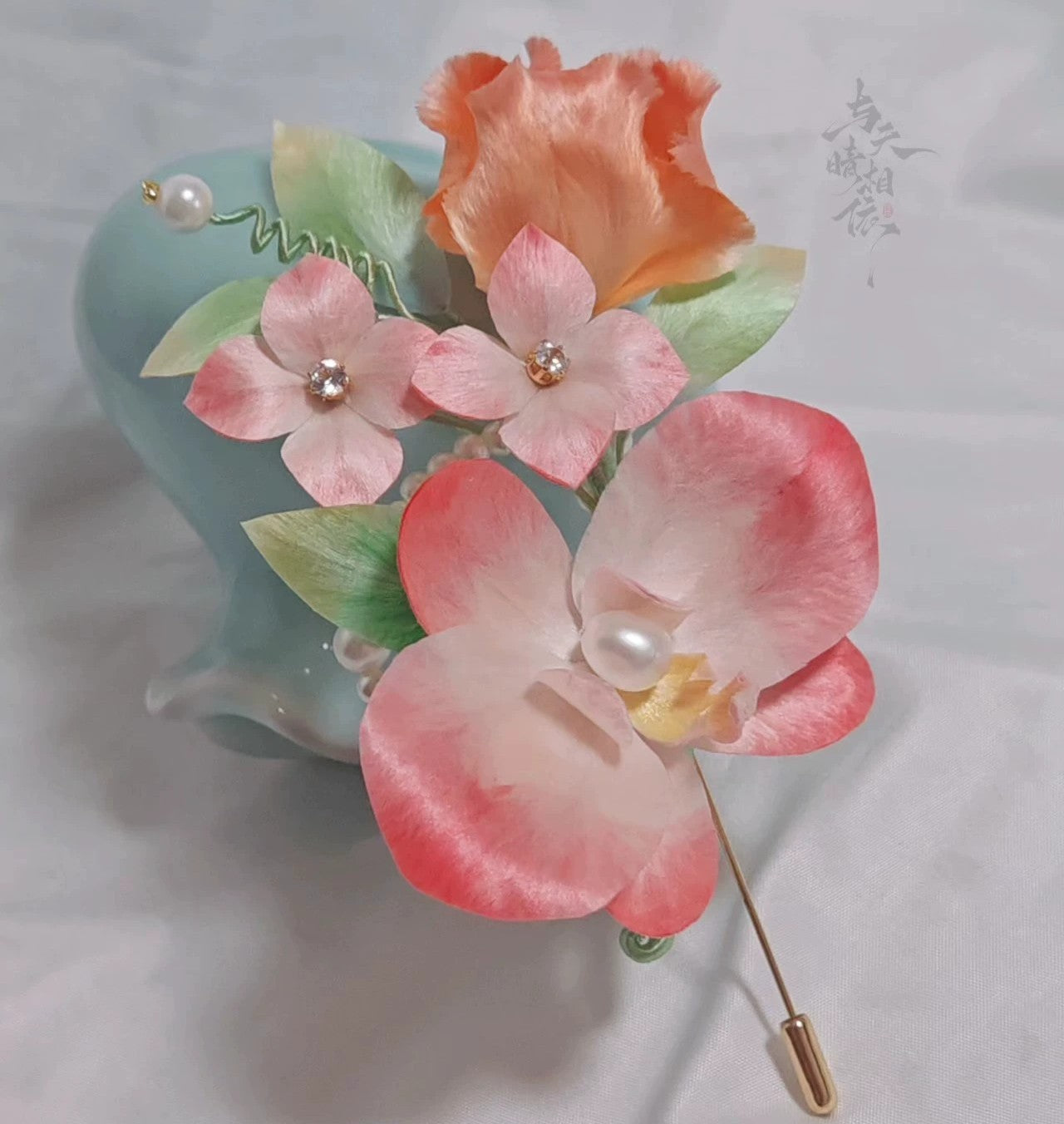 Handmade Ronghua Pink Phalaenopsis Orchid Set | Mulberry Silk Velvet Corsage + Brooch