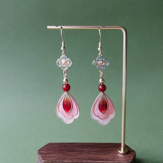 Handmade Ronghua Dunhuang Vintage Cloisonné Earrings | Pink-Red Mulberry Silk Velvet Drop Earrings