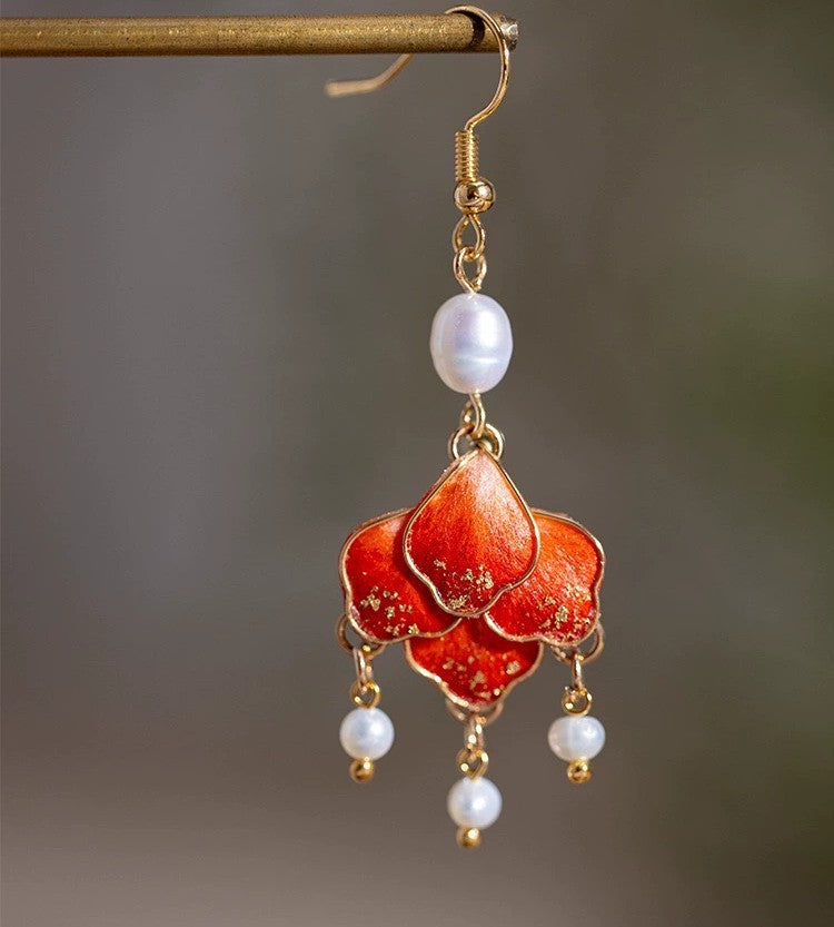 Handmade Ronghua Red Filigree Chandelier Earrings | Mulberry Silk Velvet Flower & Pearl Drop Earrings