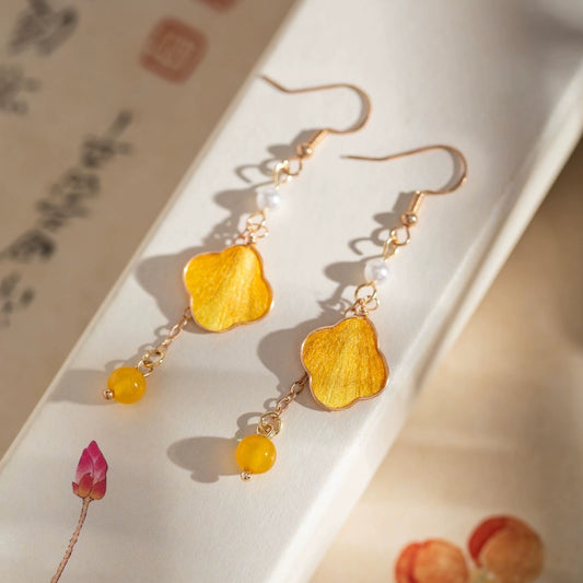 Handmade Ronghua Four-Leaf Clover Drop Earrings | Yellow Mulberry Silk Velvet Clover Earrings