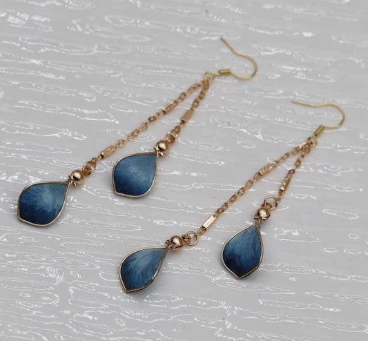 Handmade Ronghua Blue Waterdrop Chain Earrings | Mulberry Silk Velvet Cloisonné-Style Long Drop Earrings