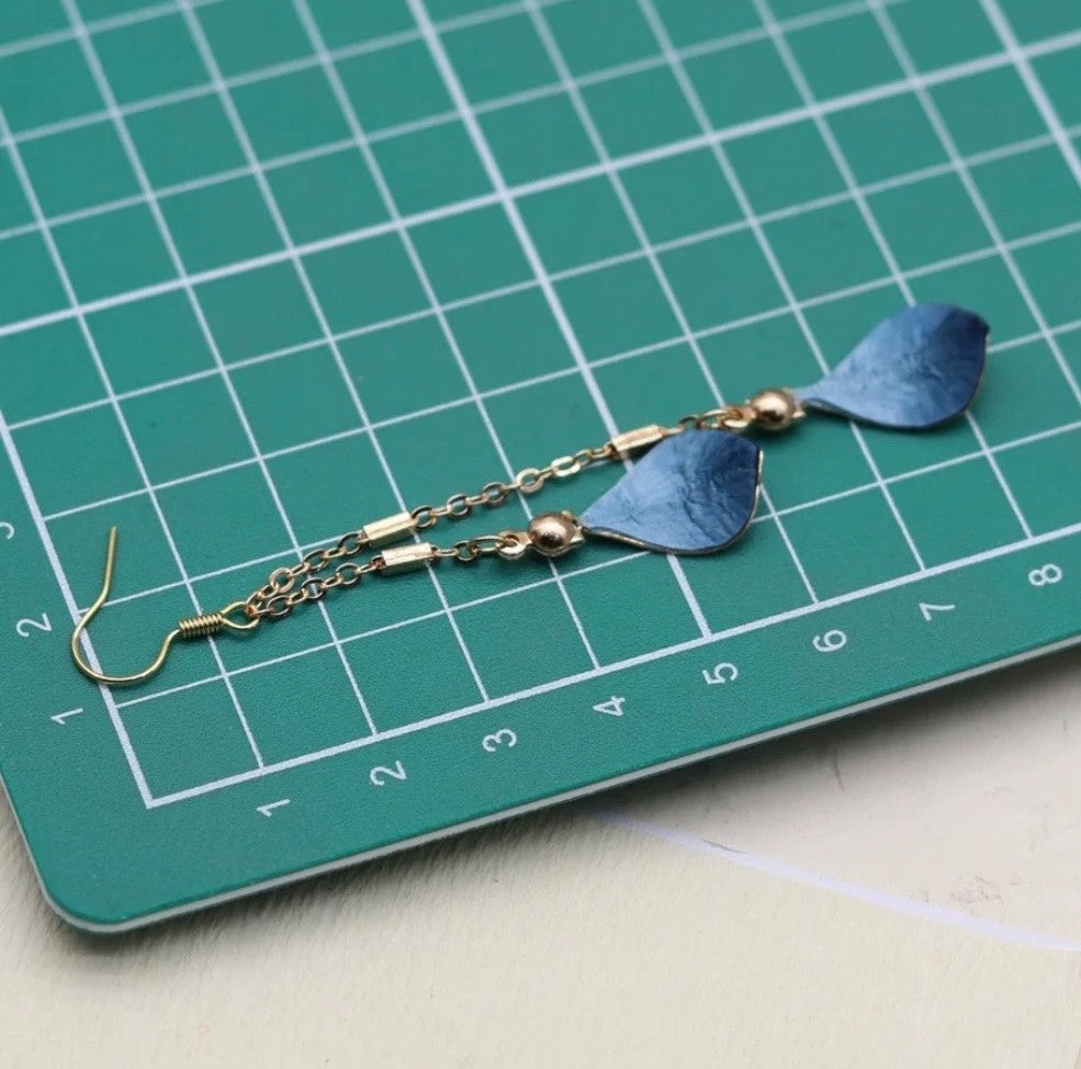 Handmade Ronghua Blue Waterdrop Chain Earrings | Mulberry Silk Velvet Cloisonné-Style Long Drop Earrings