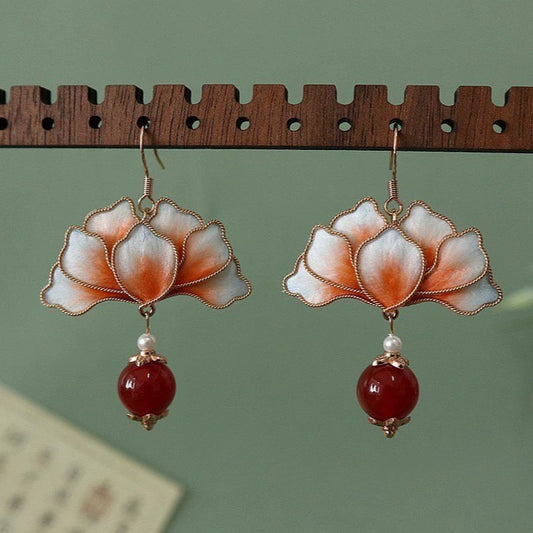 Handmade Ronghua Red Lotus Pearl Drop Earrings | Mulberry Silk Velvet Cloisonné-Style Earrings with Agate