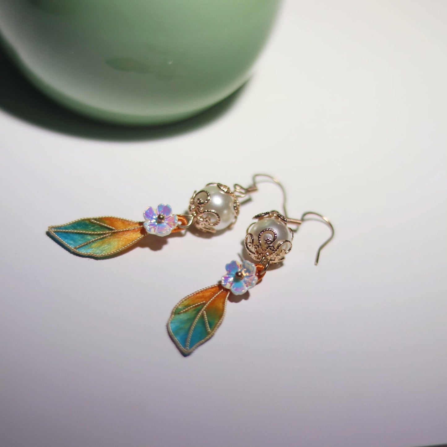 Handmade Ronghua Gradient Leaf Pearl Drop Earrings | Mulberry Silk Velvet Cloisonné-Style Earrings