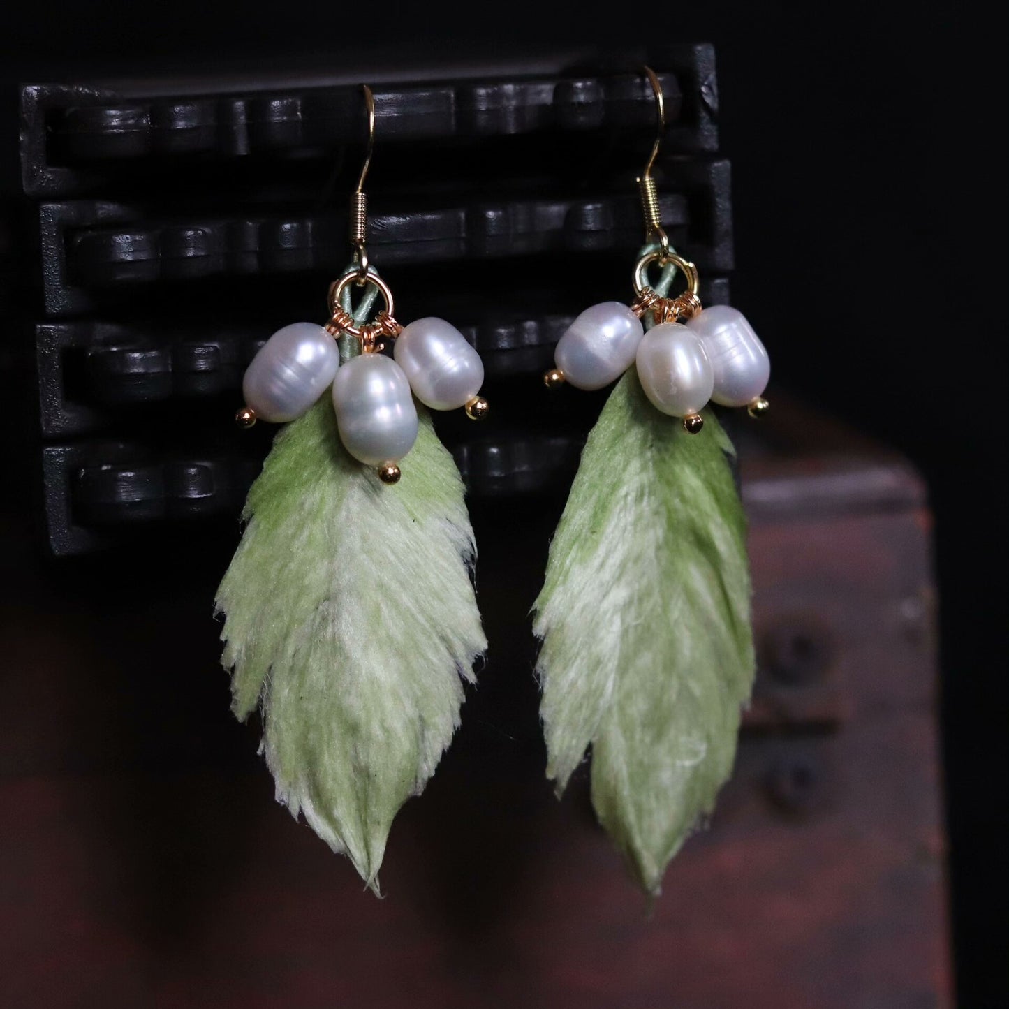 Handmade Ronghua Green Leaf Pearl Earrings | Mulberry Silk Velvet Feather-Leaf Drop Earrings