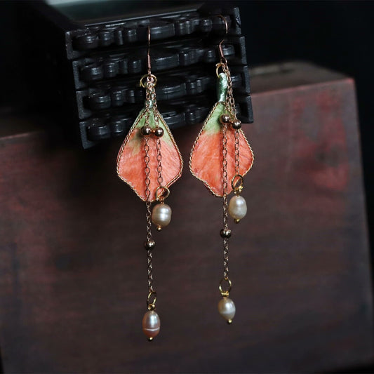 Handmade Ronghua Orange-Green Leaf Long Drop Earrings | Mulberry Silk Velvet Leaf & Pearl Chain Earrings