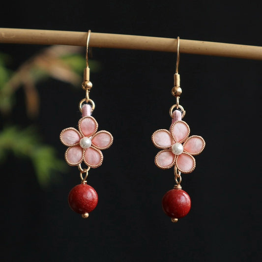 Handmade Ronghua Peach Blossom Earrings | Mulberry Silk Velvet Pink Flower Drop Earrings with Incense Pearl