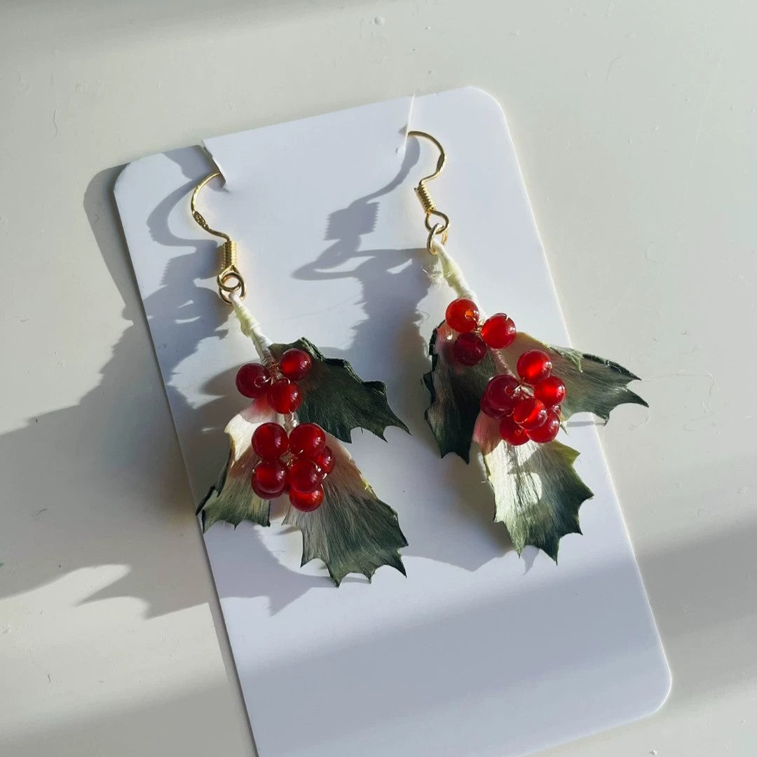 Handmade Ronghua Holly Berry Drop Earrings | Mulberry Silk Velvet Winter Holly Earrings with Red Berries