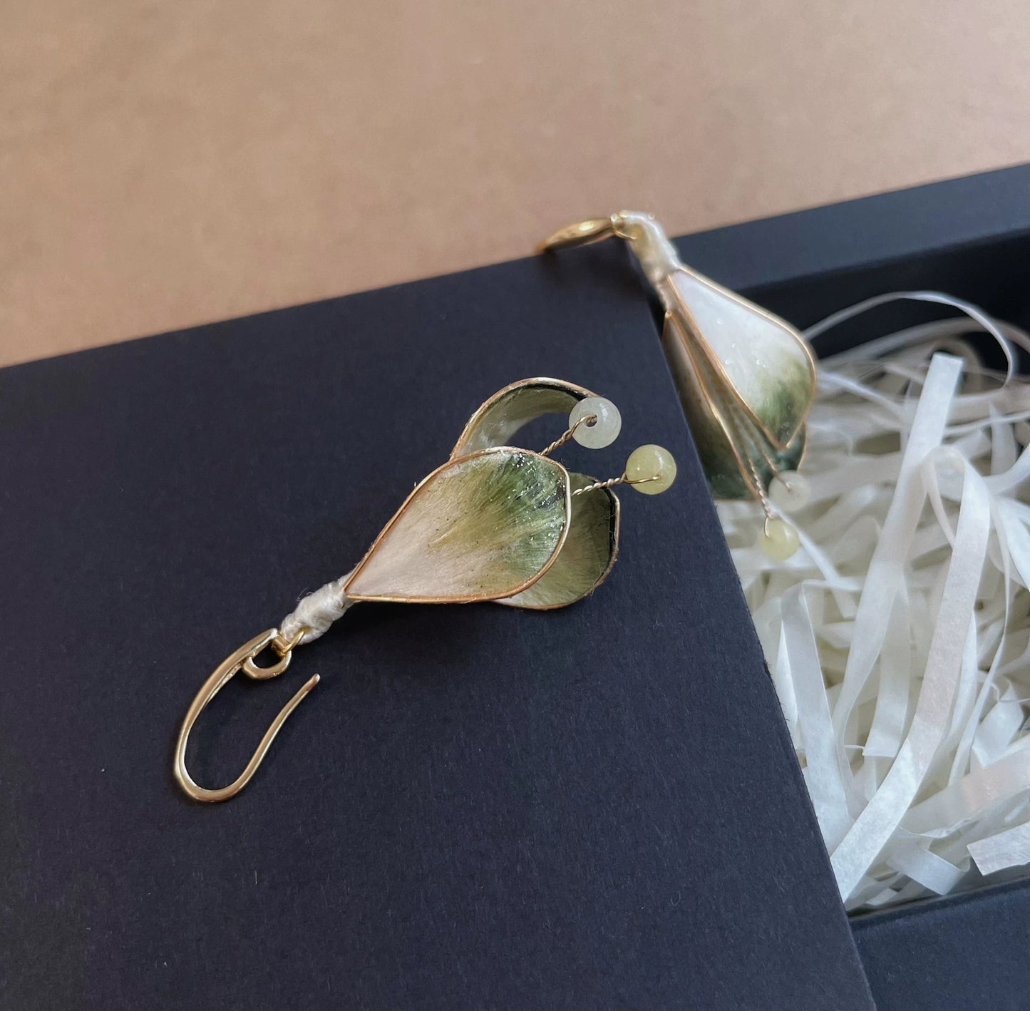 Handmade Ronghua Green Flower Bud Drop Earrings | Mulberry Silk Velvet Bud Earrings with Natural Jade Beads