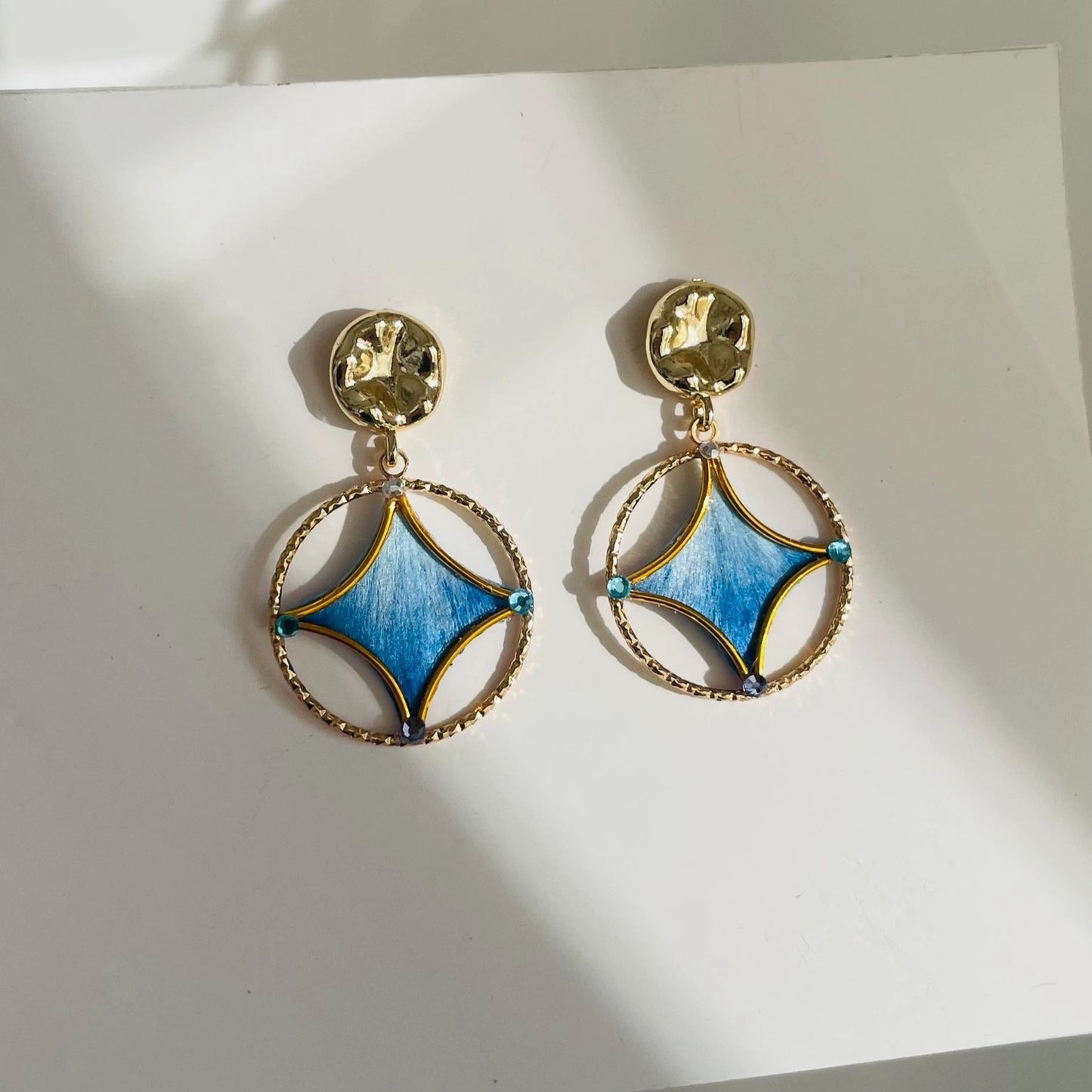 Handmade Ronghua blue gradient silk velvet circle drop earrings with hammered gold frame and crystal accents