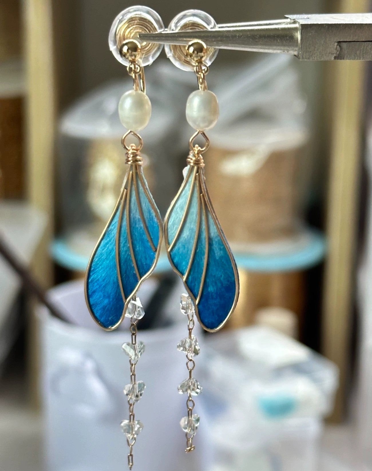 Handmade Ronghua Blue Fishtail Drop Earrings | Mulberry Silk Velvet Koi Tail Long Earrings with Pearl & Crystal Chain