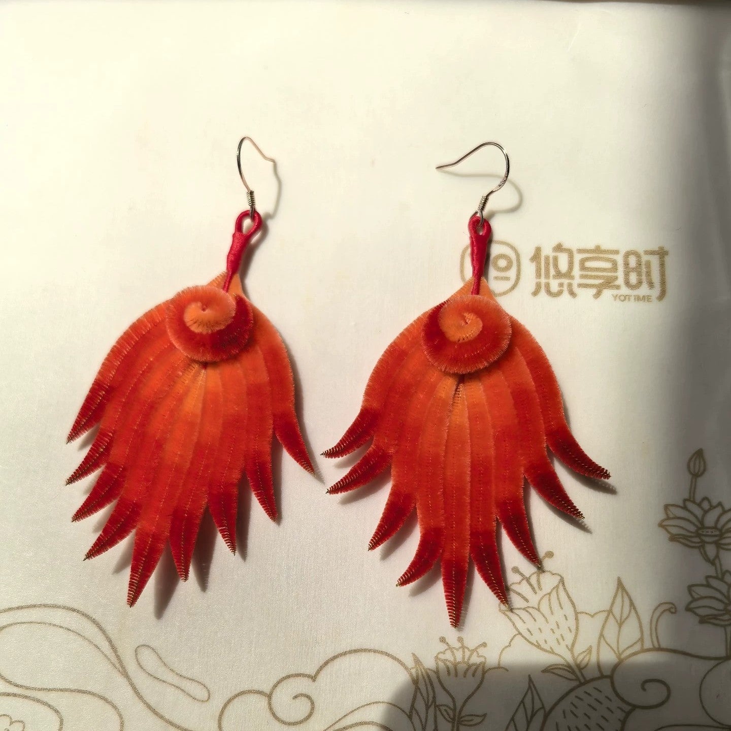 Handmade Ronghua Velvet Feather Earrings | Real Mulberry Silk Red Phoenix Wing Drop Earrings