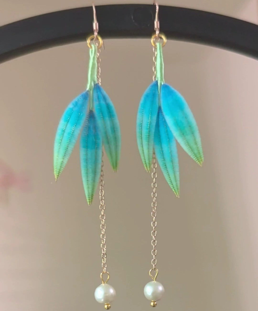 Handmade Ronghua blue-green bamboo leaf dangle earrings – natural mulberry silk long drop earrings