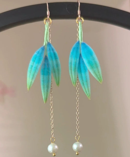 Handmade Ronghua blue-green bamboo leaf dangle earrings – natural mulberry silk long drop earrings
