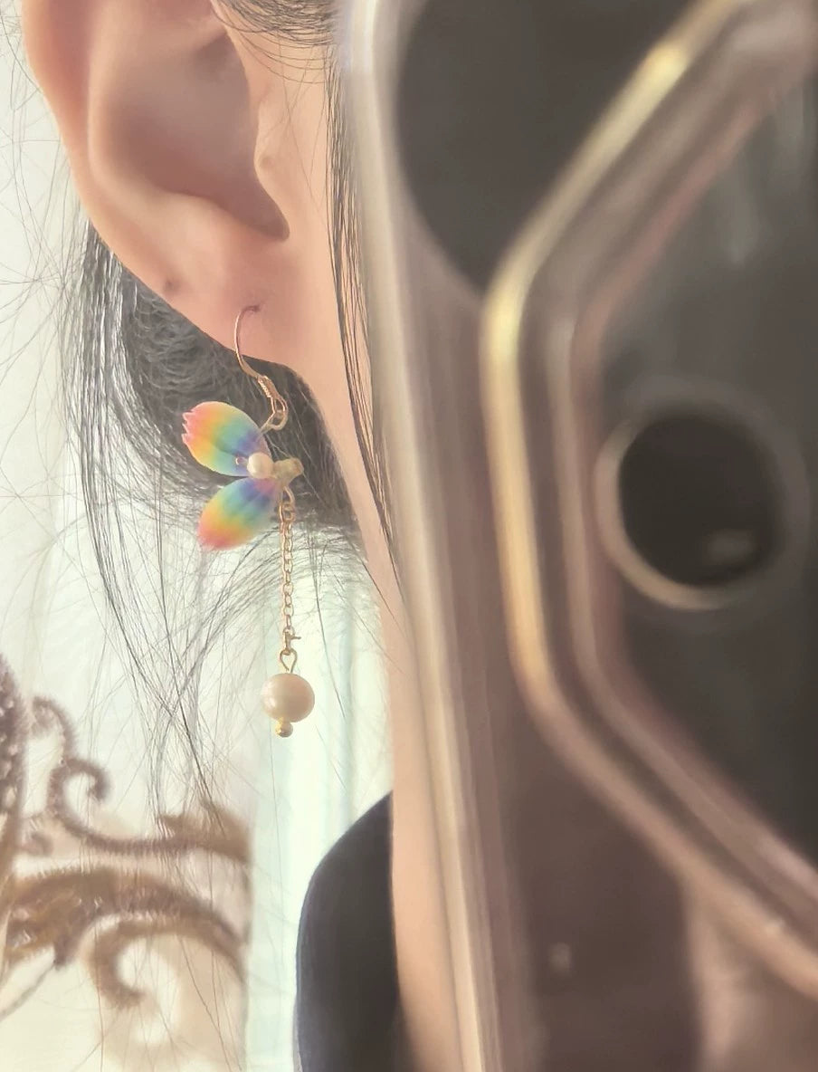 Handmade Ronghua Rainbow Butterfly Drop Earrings | Mulberry Silk Velvet Wings with Freshwater Pearl