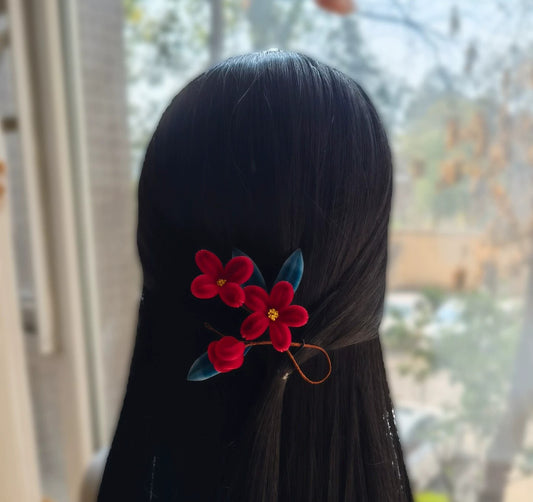 Handmade Ronghua Red Plum Blossom Hairpin | Mulberry Silk Velvet Mei Flower Headwear