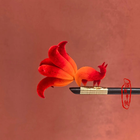 Handmade Ronghua Nine-Tailed Fox Hairpin | White-Pink Mulberry Silk Velvet Fox Spirit