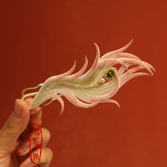 Handmade Ronghua Phoenix Tail Hairpin | Blue-White-Red Mulberry Silk Velvet Feather