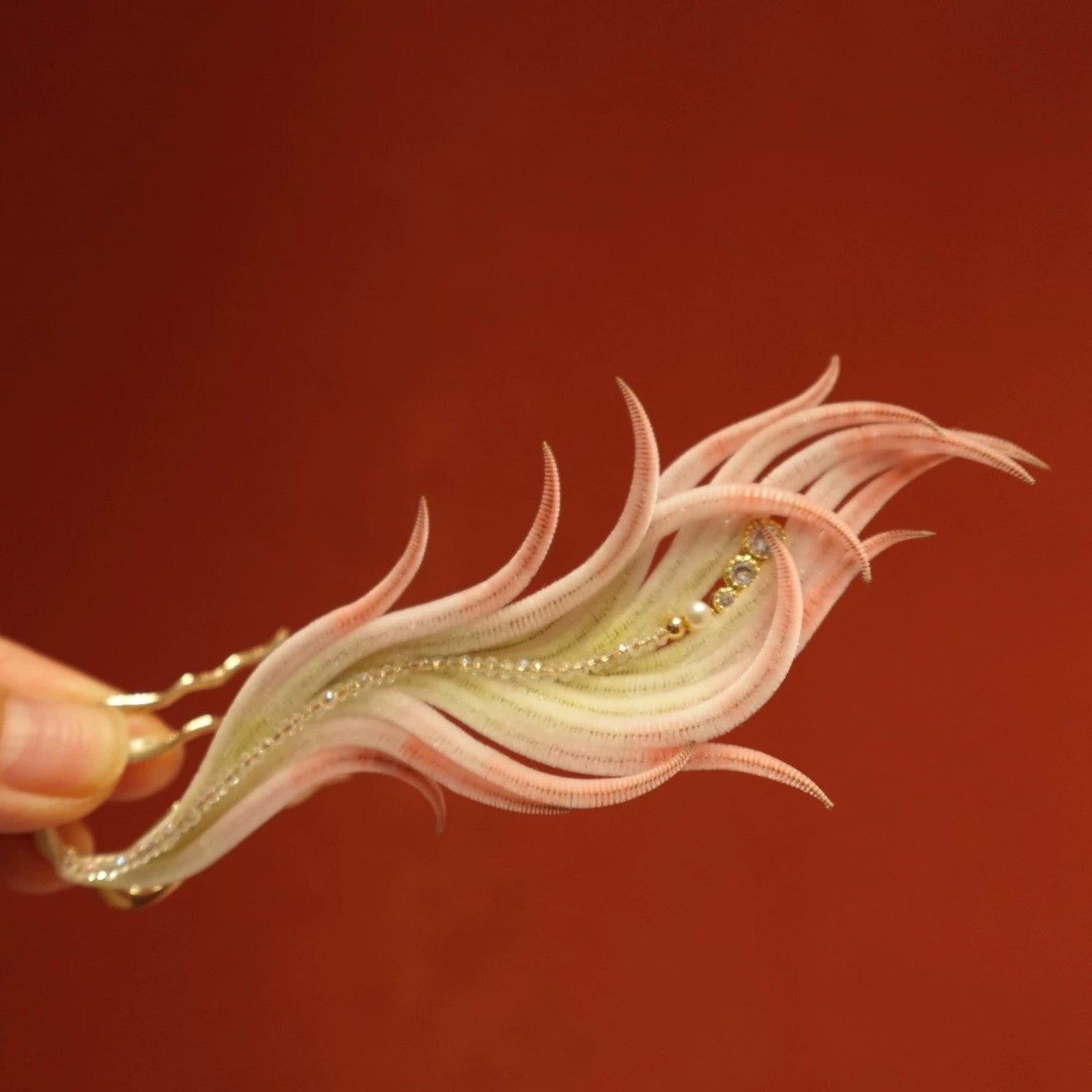 Handmade Ronghua Phoenix Tail Hairpin | Blue-White-Red Mulberry Silk Velvet Feather