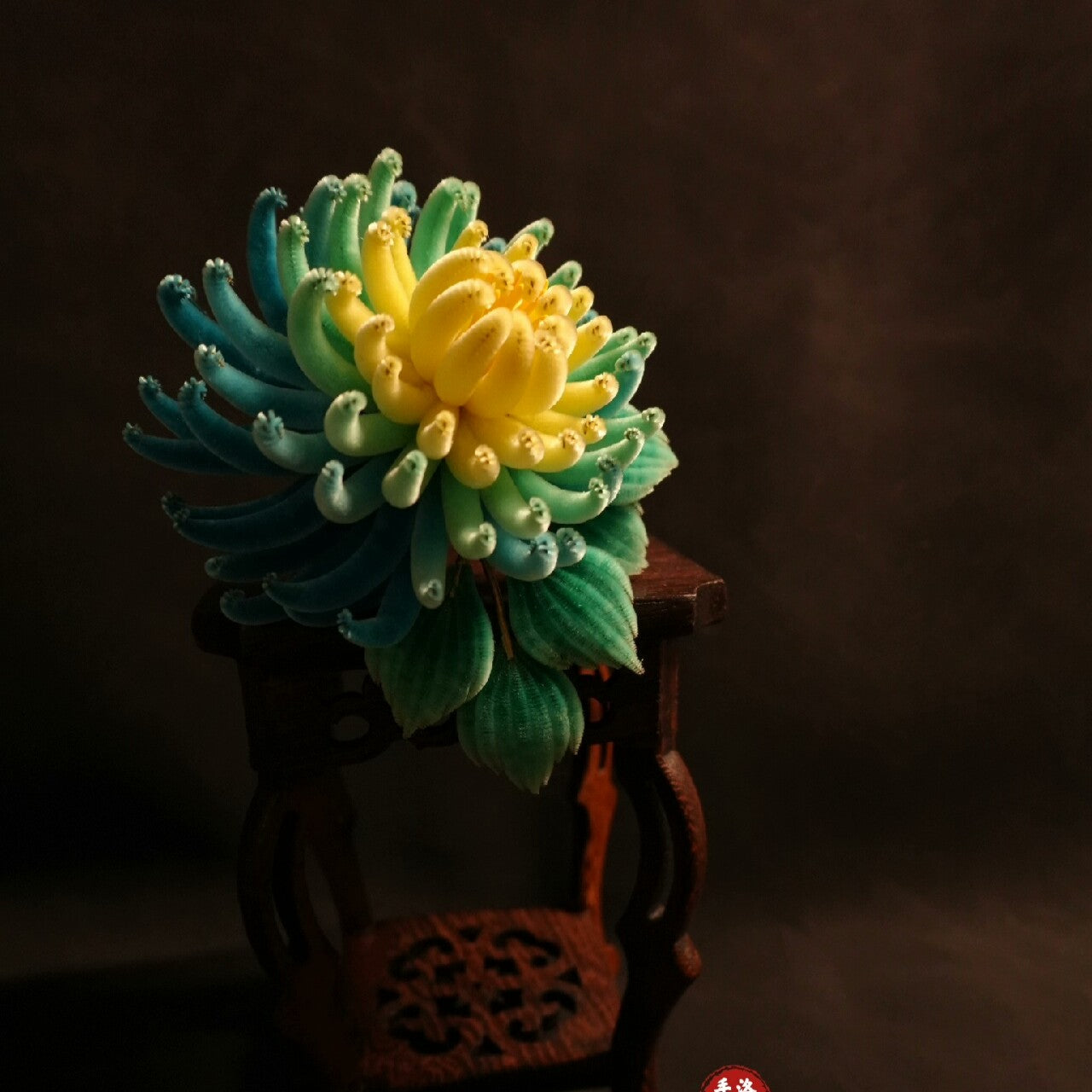 Handmade Ronghua chrysanthemum brooch – yellow-blue-green mulberry silk velvet flower
