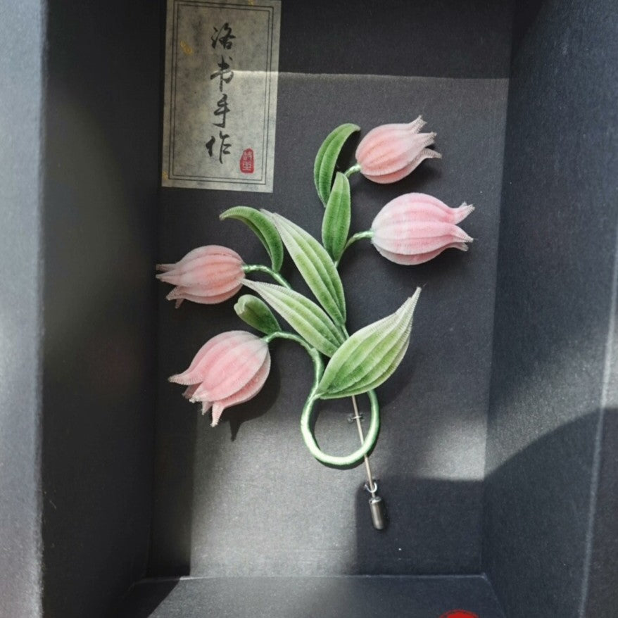 Handmade Ronghua Lily of the Valley Brooch | Pink Mulberry Silk Velvet Bell Flower Brooch