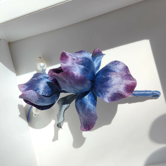 Handmade Ronghua Iris Brooch | Blue-Purple Mulberry Silk Velvet Flower Pin