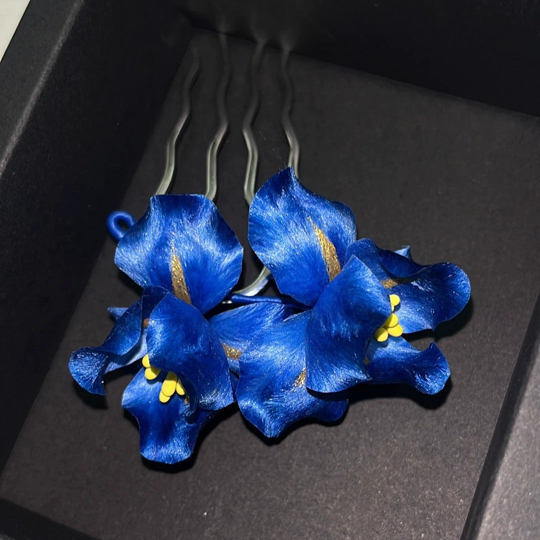 Handmade Ronghua Blue Iris Brooch | Mulberry Silk Velvet Bearded Iris Flower Pin