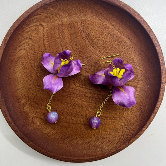 Handmade Ronghua purple iris drop earrings – mulberry silk velvet bearded iris with dangling bead