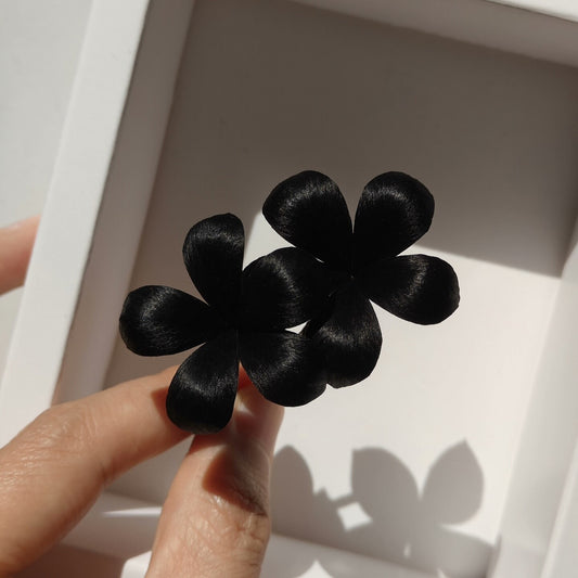Handmade Ronghua Black Double Flower Brooch | Pure Black Mulberry Silk Velvet Floral Pin
