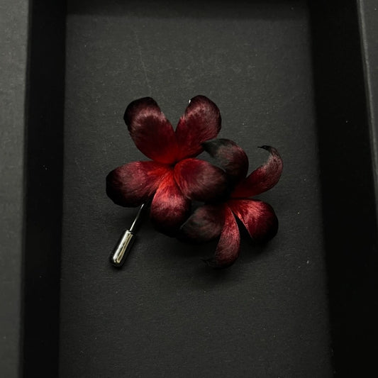 Handmade Ronghua Red-Black Double Flower Brooch | Mulberry Silk Velvet Gradient Blossom Pin