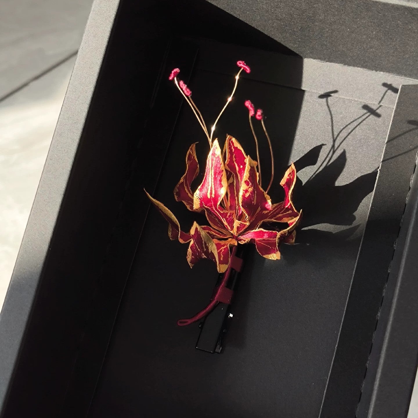 Handmade Ronghua Red-Gold Gloriosa Lily Brooch | Mulberry Silk Velvet Flame Lily Pin