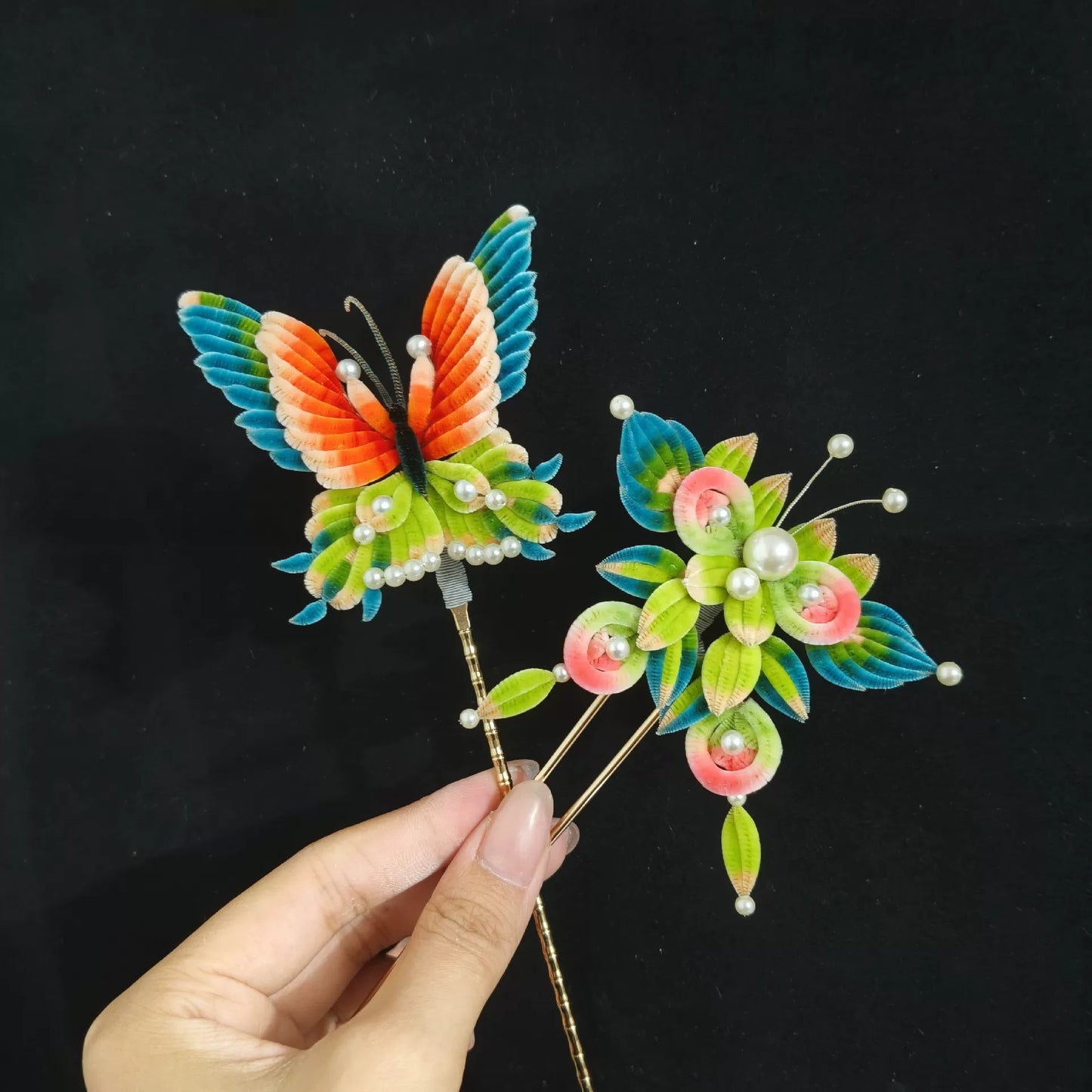 Handmade Ronghua Butterfly Hair Pin - Natural Mulberry Silk Velvet Animal