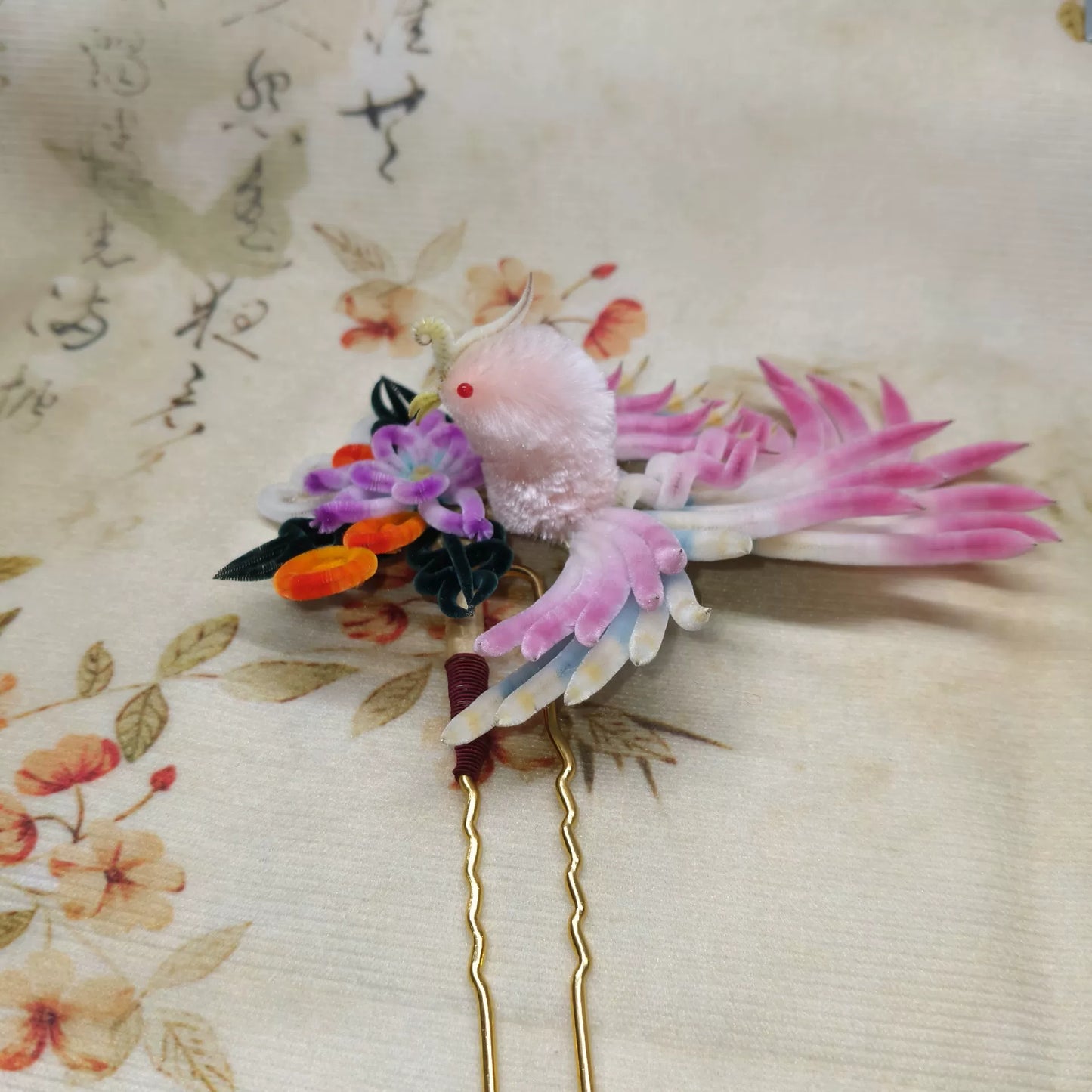 Handmade Ronghua Phoenix Hairpin - Mulberry Silk Velvet Flower Hair Accessory