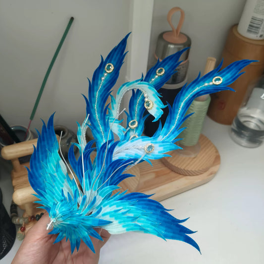 Handmade Ronghua Blue Phoenix Ornament - Natural Silk Velvet Feather Decoration