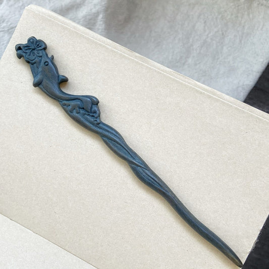 Natural Green Sandalwood Hair Stick - Blue Whale Design 20cm #鲸海