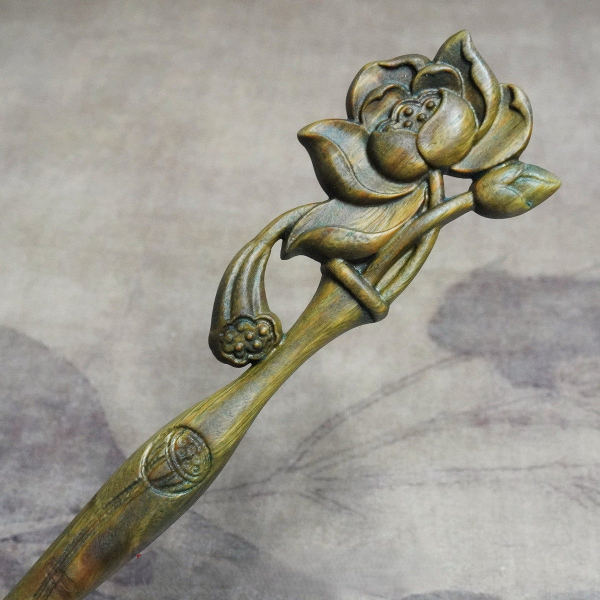 Natural Golden Phoebe Hair Stick - Floating Lotus Design 19.8cm #浮世莲