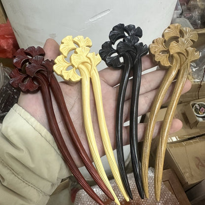 Natural U shape hair stick set in rosewood, green sandalwood, boxwood, and African blackwood with ginkgo leaf design, 17cm smooth uncoated wooden hair pins