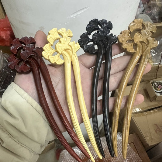 Natural U shape hair stick set in rosewood, green sandalwood, boxwood, and African blackwood with ginkgo leaf design, 17cm smooth uncoated wooden hair pins