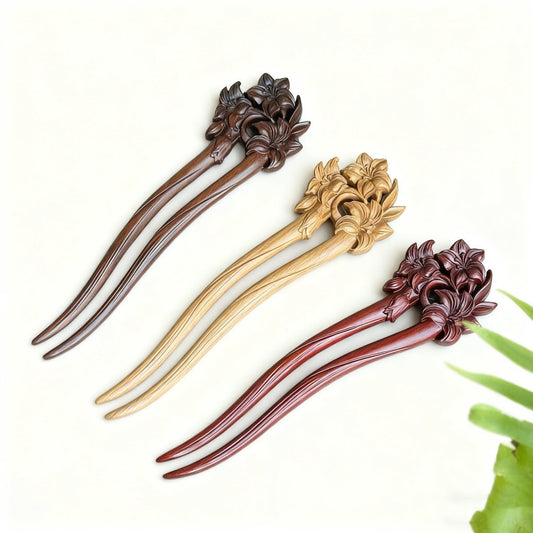 Natural Wooden Hair Stick Set - 17cm Lily Flower Hairpin (百合)